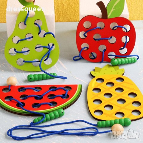 3576 4 бр. дървени плодове с отвори и шнур за нанизване, снимка 7 - Образователни игри - 37773125