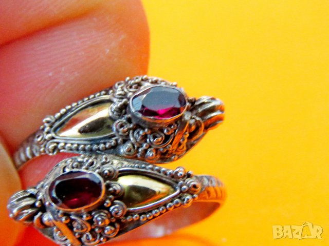 стар дамски сребърен пръстен, стар османски сребърен пръстен с орнаменти, рубини и позлата, турски, снимка 2 - Пръстени - 37692193