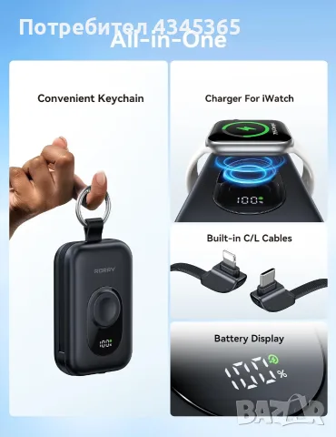 Мощна външна батерия RORRY CharmGo 20000mAh 30W PD – За iPhone, Apple Watch и iPad, снимка 4 - Външни батерии - 56088226