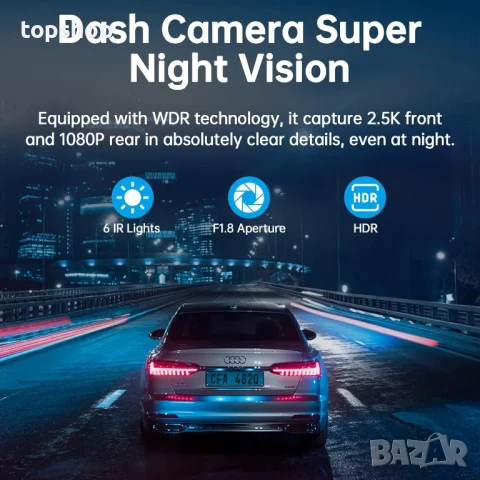 Предна и задна камера А30 Dashcam QHD 2.5K с 64GB 3” IPS WDR Нощно виждане 170° сензор за движение, снимка 3 - Аксесоари и консумативи - 50494849