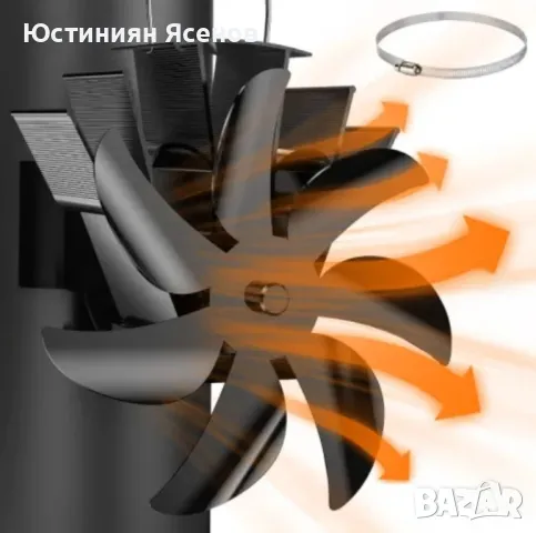 Вентилатор за печка или камина SVILINEK, Метален, Топлинно активиран, 7 перки, Черен