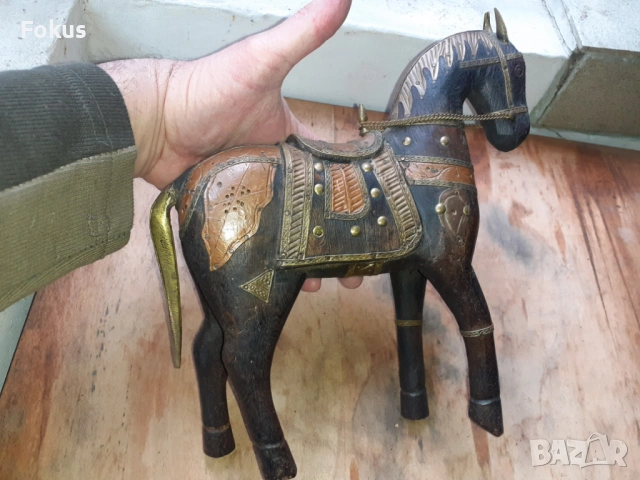 Старо антикварно дървено конче с месинг статуетка фигура кон, снимка 5 - Антикварни и старинни предмети - 54220587