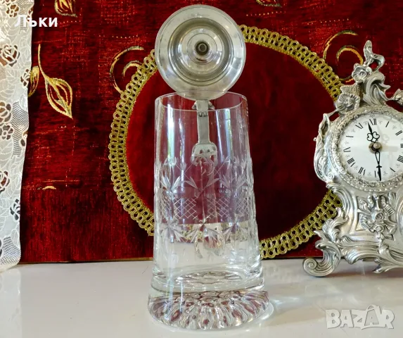 Кристална халба с капак от калай. , снимка 4 - Антикварни и старинни предмети - 56548799