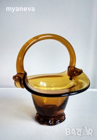 Стъклена бонбониера от СОЦА. Масивна с форма на кошничка. , снимка 5 - Декорация за дома - 44373458