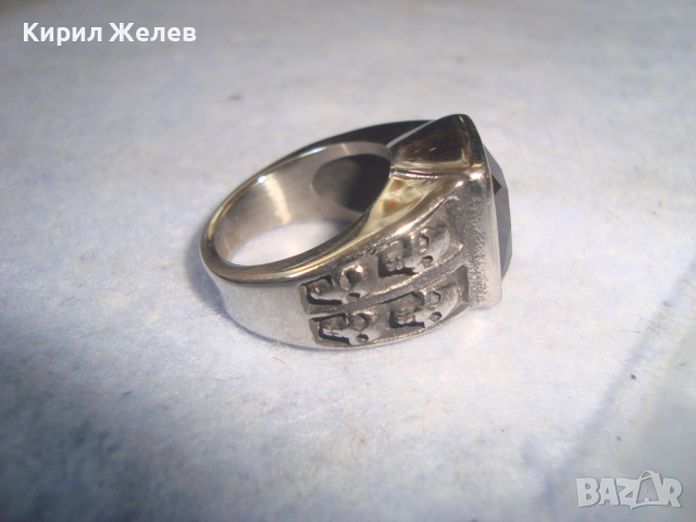 СРЕБРИСТ ОРНАМЕНТИРАН ОКСИДИРАНА БЛАГОРОДНА НЕРЪЖДАЕМА СТОМАНА ПРЪСТЕН с ФАСЕТИРАН ЧЕРЕН ОНИКС 6328, снимка 2 - Пръстени - 36379732