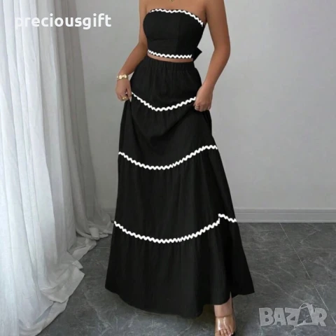 Дамски комплект - дълга пола и топ без презрамки, наличен в бежово, черено, червено, синьо, жълто, снимка 3 - Комплекти - 51367930