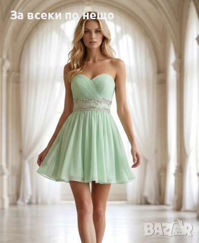 Елегантна Къса Рокля Без Презрамки В Ментово Зелено С Плисиран Ефект И Декоративен Колан Код Roni25