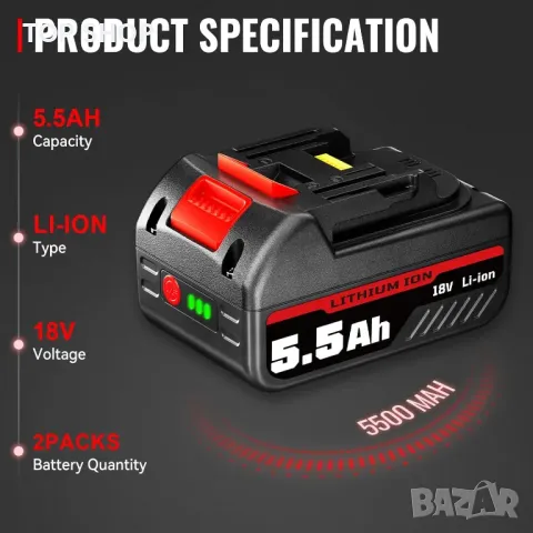 2 броя Резервни литиево-йонни батерии Dasnite 5.5Ah BL1850B за Makita 18V, снимка 2 - Друга електроника - 49423115