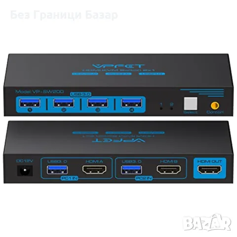 Нов KVM Switch HDMI 4K 60Hz за 2 компютъра 1 монитор 4 USB 3.0 превключвател PC