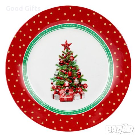 Кръгла коледна порцеланова чиния, Коледна елха и подаръци, 26.5см , снимка 1 - Чинии - 42754840