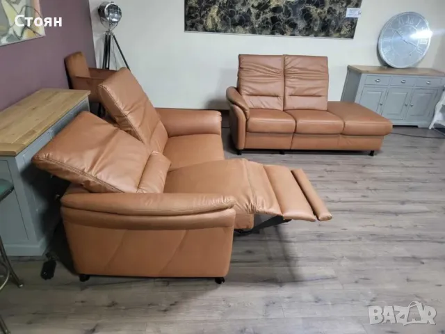 Кафяв кожен комплект дивани тройка и двойка MM-ZE1148, снимка 8 - Дивани и мека мебел - 48306975