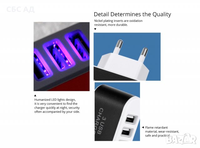 3 USB Ports 5V 3.1A Travel Charger Adapter, снимка 3 - Мрежови адаптери - 31565503