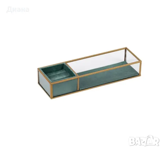Стъклен органайзер за бижута с метална рамка и 2 отделения в цвят прозрачен/зелен, снимка 1