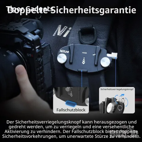Nitze N58A Camera Backpack Clip – алуминиев щипка за фотоапарат с Arca-Swiss плочка, снимка 3 - Чанти, стативи, аксесоари - 56225074