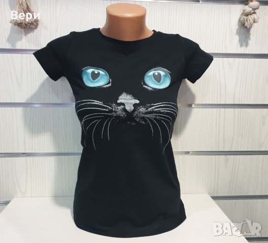 Страхотна нова дамска черна тениска с 3D трансферен печат Котка със сини очи, снимка 5 - Тениски - 29126658