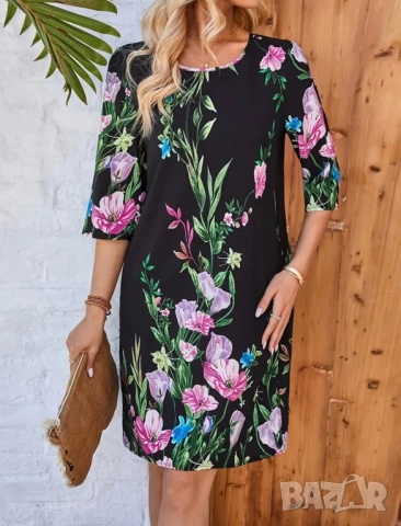 Черна рокля на цветя, нова, с еластан