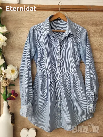 Дълга риза бяло и синьо райе памучна материя 