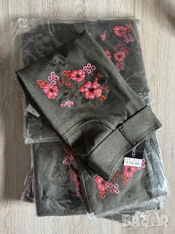 Разпродажба! Дамски клин-панталон маслиново зелен с бродерия цветя, с висока талия, еластичен XS/S/M, снимка 7 - Панталони - 39087399