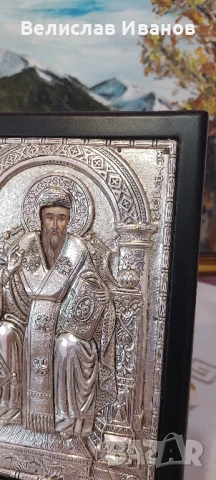 Гръцка сребърна икона на св.Спиридон. Проба 950. Перфектно състояние., снимка 5 - Икони - 50755937