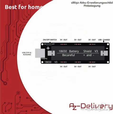 AZDelivery Разширителен щит за батерия, 18650, V3, с USB кабел, снимка 7 - USB кабели - 55884373