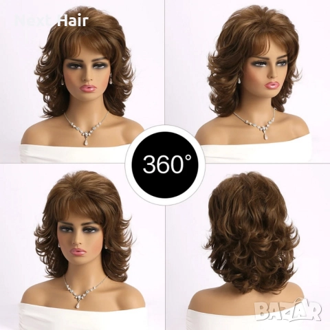 Къса дамска къдрава кафява синтетична перука с бретон, снимка 2 - Аксесоари за коса - 52900031