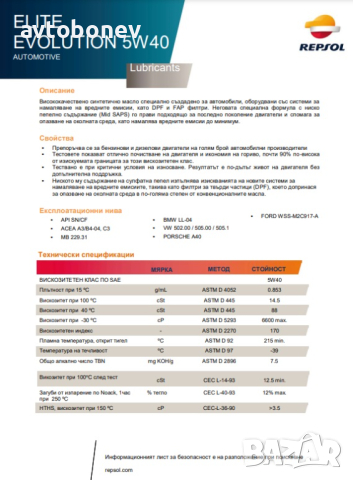 Двигателно масло REPSOL ELITE EVOLUTION C3 5W40, снимка 4 - Части - 44668428