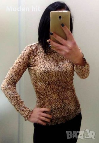 Поло от еластичен тюл - леопардов принт, снимка 2 - Блузи с дълъг ръкав и пуловери - 30383576