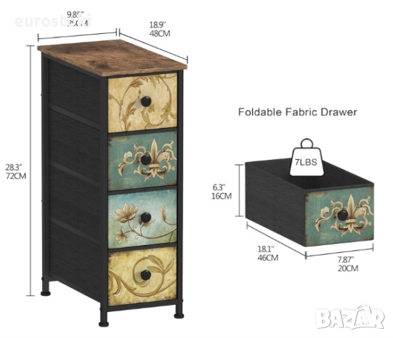 Скрин VEDECASA, тесен скрин с 4 чекмеджета от плат, метална рамка, дървен плот, винтидж дизайн, снимка 2 - Скринове - 52777328