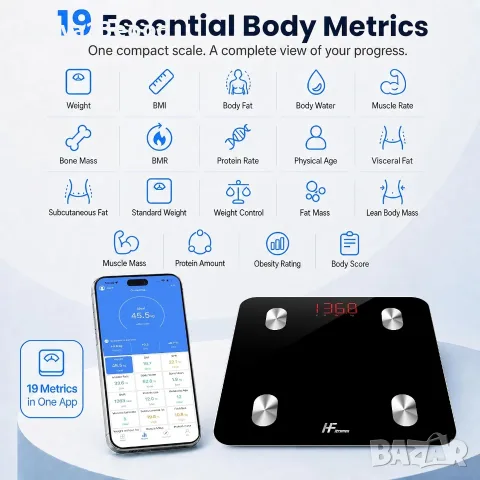 HomeFashion HFitness Smart Bluetooth кантар – 19 показателя, 180 кг, снимка 2 - Електронни везни - 56072053