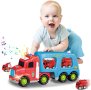 LEYAOYAO Камион с 4 противопожарни коли със светлини и звуци, играчка за малки деца, снимка 1