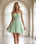 Елегантна Къса Рокля Без Презрамки В Ментово Зелено С Плисиран Ефект И Декоративен Колан Код Roni25, снимка 1