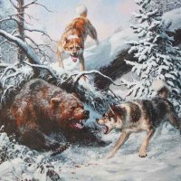 Зимен пейзаж с мечка и кучета, картина за ловци, снимка 1 - Картини - 39331092