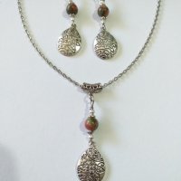 Новият ни Бохо комплект бижута с камъни Унакит и гравирани капки в цвят Сребро , снимка 3 - Бижутерийни комплекти - 36854277