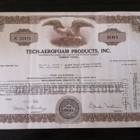 Сертификат за 100 акции (САЩ) | Tech-Aerofoam Products Inc. | 1970г., снимка 1 - Други ценни предмети - 29301627
