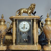19 век-Портален френски каминен часовник-жълт мрамор и бронзов лъв, снимка 4 - Стенни часовници - 44327363