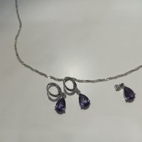 Дамски комплект синджирче, висулка и обеци с лилав кристал, нови, щампа 925, снимка 5 - Бижутерийни комплекти - 36939261