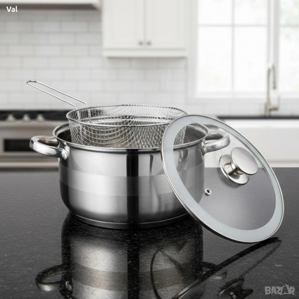 Тенджера с кошница за пържене и стъклен капак Cheffinger Ø24 см – инокс, 6,5 л, за всички котлони, снимка 1