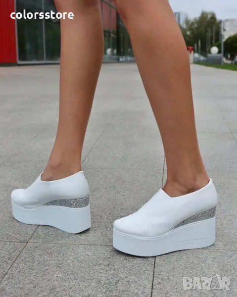 Обувки на платформа - бяла кожа и брокат - VBR90, снимка 1