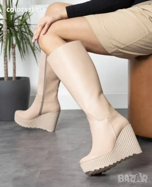 Ботуши на платформа - бежова кожа с бежово ходило - BNP200, снимка 1