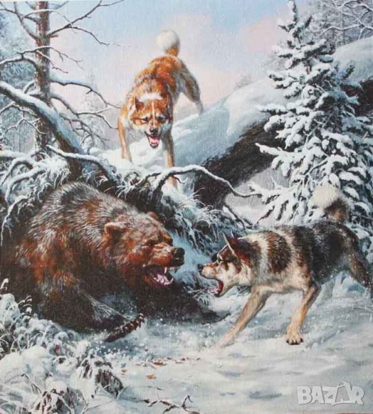 Зимен пейзаж с мечка и кучета, картина за ловци, снимка 1
