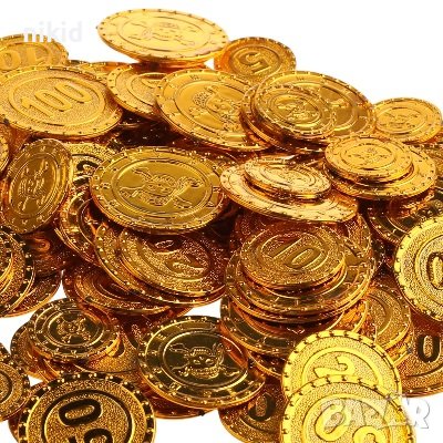 25 бр фалшиви изкуствени златни монети чипове пирати пластмасови пиратско парти хазарт ролетка, снимка 1