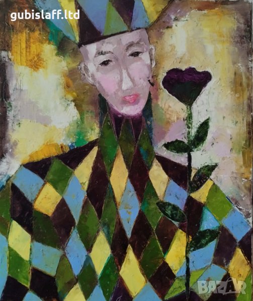 Картина, клоун, арлекин с роза, снимка 1