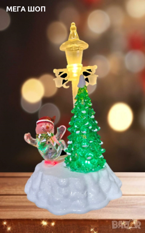 Коледна декорация - Снежен човек и елха под лампа, снимка 1