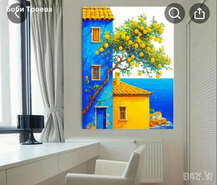 Средиземноморска крайбрежна картина на платно - Испанска вила в стил сини и жълти цветове, снимка 1