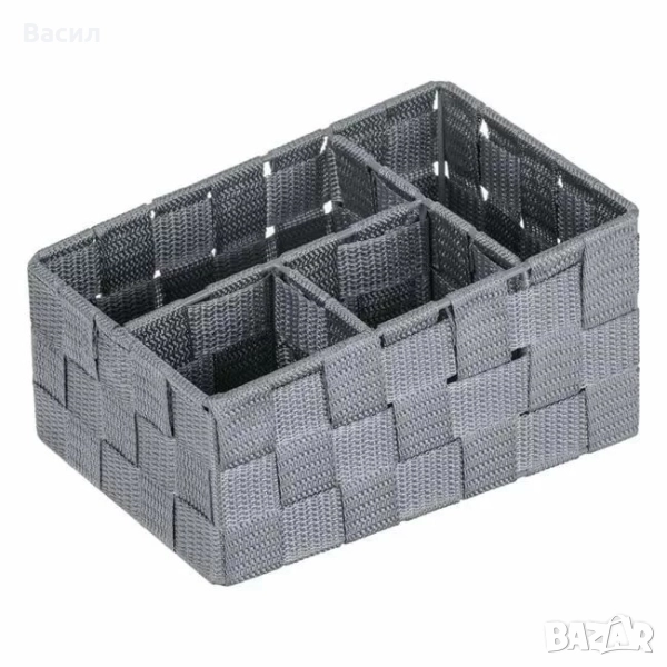 Кошница за съхранение с 4 места, плетен дизайн и метална рамка в цвят сив ратан - размери 20 x 14 x , снимка 1