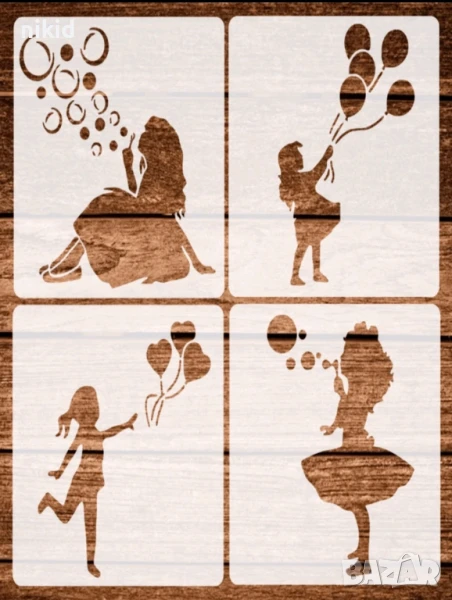 4 Вида момиче момиченце с балони стенсил шаблон за спрей за торта украса Scrapbooking, снимка 1