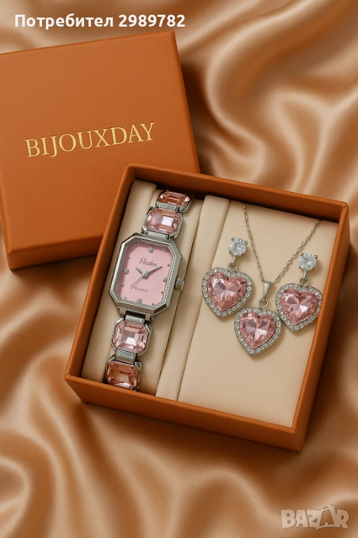 Нежен дамски комплект с розови ,черни или зелени сърцевидни кристали – часовник, колие и обеци, снимка 1