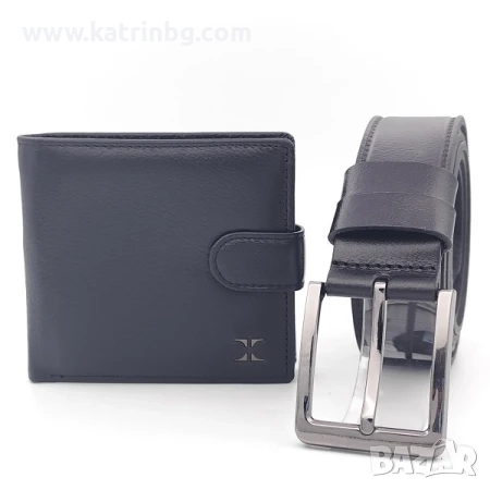 Портфейл и колан в черно от естествена кожа-Мъжки комплект, снимка 1