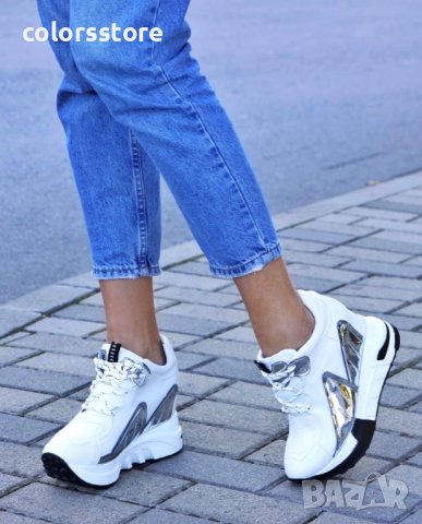 Кецове на платформа - бяло със сребристо - PA20, снимка 3 - Кецове - 38642149