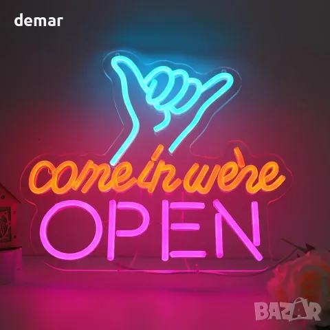 Димируем LED неонов надпис OPEN с ръка, USB, 35 x 31 см